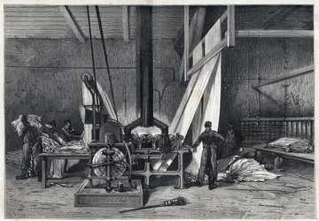 Velké továrny - Dyeing erie Boutarel v Clichy la Garenne - Le mesh des Etoffes - rytina z roku 1869