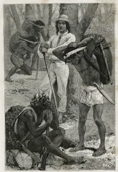 Les porters (caucheros), v Darienu (oblast východní Panamy), rytina podle kresby D. Maillarta pro ilustraci příběhu Průzkum šíjí Panamy a Darienu, od A. Recluse, poručíka lodi, v letech 1876 až 1878 , zveřejněné v tour du mo