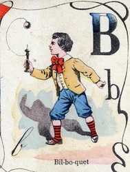 Písmeno B Bilboquet. Rytina v "ABC des joux pour petits boys". Imaging of Pont-a-Mousson, Louis Vagne, tiskárna-nakladatel, konec 19. století. Rozměr: 32,5 x 25 cm