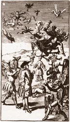 Evokace démonů, rytina z roku 1710 v „Příběhu extravagantních představ monsieur Oufle“ od Laurenta Bordelona (1653-1730)