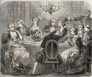 Osvobození: Christian VII (1749-1808), král Dánska a Norska, během libertinské hostiny organizované tanečnicí Marie Madeleine Guimard (1743-1816) ve svém domě Pantin. Rytina z roku 1871 v „Histoire Des Cocus Celebres““ od Henryho de Kocka (1819-18