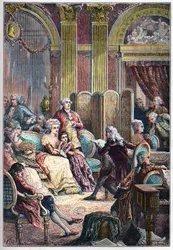 Literární salon – čtení knihy „“Paul a Virginie”” od Jacquese-Henriho Bernardina ze Saint-Pierre (Saint Pierre) v salonech madame Necker v Paříži – po boku paní Neckerové její manžel Jacques Necker a její dcera Germaine, později paní de Stael - Přednáška