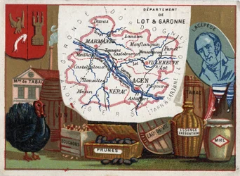 Lot a Garonne (Lot-et-Garonne, 47), Akvitánie, Francie. Tabáková továrna, chov krůt, víno, zátky, švestky, brandy, therebentinový benzín. Portrét Bernarda Germaina Etienne de Laville-sur-Illon, hraběte z Lacepede (nebo de la Cepede