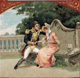 Louis Alexandre (Louis-Alexandre) Berthier (1753-1815), princ z Wagramu, s Madame Visconti, jeho milenkou, na zámku de Grosbois. Chromolitografie konce 19. století