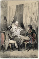 Louis Antoine Fauvelet de Bourienne (1769-1834), francouzský diplomat a administrátor, a generál Napoleon Bonaparte (1769-1821) požádali nemocného starého kapitalistu o peníze na italské tažení. Deska převzata z ""Scenes de la vie des hommes slavný""" ryti