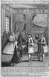 Louis Basile Carre de Montgeron nabízí králi Ludvíku XV. svou knihu o diákonu Francoisovi de Paris a konvulsionářích ze Saint-Medard, 1737.