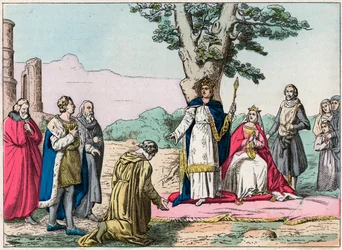 Louis IX, dit „Saint-Louis““ (1214-1270) poskytuje spravedlnost všem svým poddaným v Bois de Vincennes - Saint Louis (1214-1270) poskytuje spravedlnost – rytina konce 19. století v „Nos Gires Nationales - Obrázky a recitace""