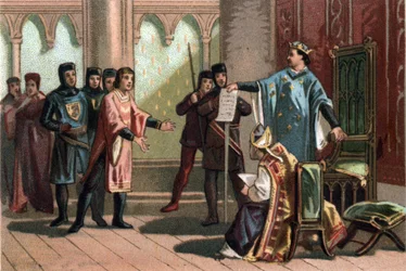Ludvík VIII., známý jako „Lev“ (1187 - 1226), dynastie Kapetovců, hrdě a zuřivě odpovídal vyslanci anglického krále Jindřicha III. Chromolitografie kolem roku 1890.