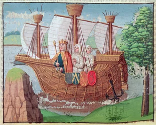 Ludvík VII nalodění do Svaté země s některými cisterciáckými mnichy v roce 1145, miniatura z „Ogier le Danois“, tisk A. Verard, Paříž