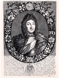 Louis XIV (1638-1715) francouzský král, kolem 1680 (rytina) (čb foto)