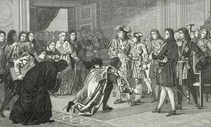Ludvík XIV. (1638-1715) král Slunce představuje svého vnuka Filipa V. (1683-1746) španělským vyslancům, z Colartova „Histoire de France“, vydaného kolem roku 1840
