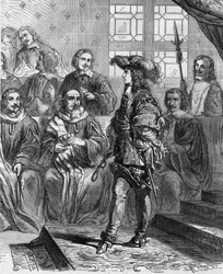 Ludvík XIV. (1638 - 1715) měl v roce 1652 před parlamentem 17 let a donutil prezidenta rozpustit shromáždění. Rytina v „“ Histoire De France En Cent Paintings od Paula Lehugeura „“ 1891.