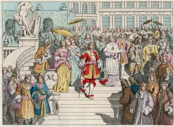 Louis XIV (Louis 14) a jeho dvůr ve Versailles - Ludvík XIV. Francouzský a jeho dvůr ve Versailles - Rytina konce 19. století v „“ Nos Gires Nationales – Images et recits““