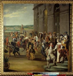 Ludvík XIV. následovaný Velkým dauphinem na koni před jeskyní Thetis (Thetys) ve Versailles Král Ludvík XIV. (1638-1715) a jeho syn Ludvík Francouzský zvaný Velký dauphin (1661-1711) před jeskyní Thetis (Thetys) obklopený dvořany