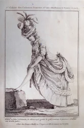 Móda Ludvíka XVI.: portrét nohy mladé ženy v polských šatech v pruhovaném taftu. Rytina z roku 1778. Paříž, dekorativní umění