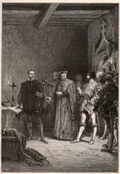 Louis de Berquin (1485-1529), rytíř a humanista, náboženský reformátor, osvobozen Jean de la Barre (1523-1533) prevot de Paris - Louis de Berquin (vlevo) propuštěn z vězení Johnem de la Barre - rytina z „“ Historie Francie vyprávěná mé babičce