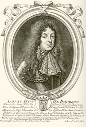 Louis de Bourbon, princ z Condé, 1668 - 1710. Princ krve na francouzském dvoře Ludvíka XIV. Z Les Heures Libres vydané v roce 1908.