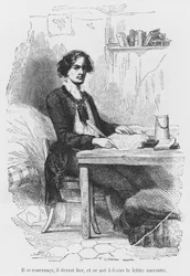 Lucien de Rubempre píšící dopis, ilustrace z „Les Illusions perdues“ od Honore de Balzaca, vyrytý Antoine Alphee Piaud (19. století)