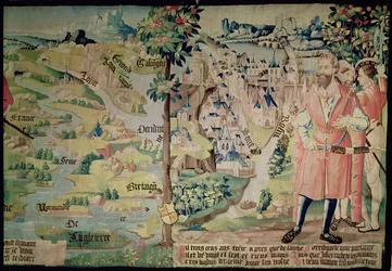 Lugdus (1672-21 př.nl) před reprezentací města Lyon, dílna Arras, kolem roku 1530