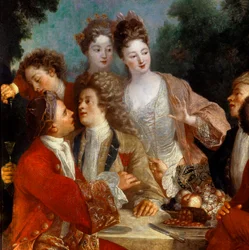 Oběd v Parc Des nobles na venkovském banketu. Detail obrazu francouzské školy 18. století. Orleans Museum of Fine Arts