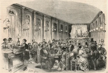Lyrický tisk pasáže Jouffroy v Paříži v 19. století – rytina „“ Tableau-de-Paris““ od Edmonda Texiera 1852