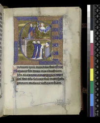 MS 300 f.107r, David se modlí k Bohu (nahoře), dva klerikové (dole), ze Žaltáře a hodin Isabely ve Francii, Paříž, kolem 1265-70 (pero & inkoust a tempera na pergamenu)
