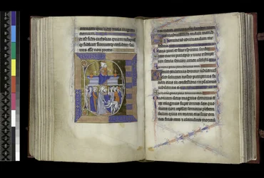 MS 300 f.177v-178r, Matiny, Panna a Dítě sedící mezi dvěma vázami na lavici (nahoře); Zrada Krista, s Jidášem líbajícím Krista a svatým Petrem uříznutým Malchovi ucho (dole), ze Žaltáře a hodin Isabely Francouzské, Paříž, kolem 1265-70 (pero a