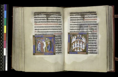 MS 300 f.198v-199r, Volební právo ke kříži a Volební právo andělům, z žaltáře a hodin Isabely Francouzské, Paříž, kolem 1265-70 (pero a tuš a tempera na pergamenu)