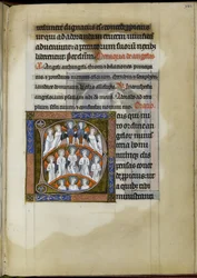 aršík 300 f.199r, volební právo andělům, folio z hodin žaltářů Isabelle of France, c.1265-70 (pero a inkoust, tempera a zlato na pergamenu)