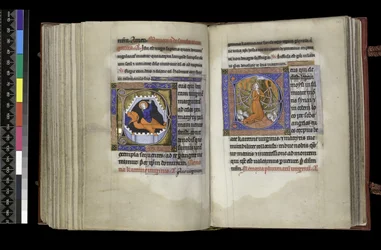 MS 300 f.206v-207r, Volební právo svaté Markétě a Volební právo svaté Kateřině, ze Žaltáře a hodin Isabely Francouzské, Paříž, c.1265-70 (pero & inkoust a tempera na pergamenu)