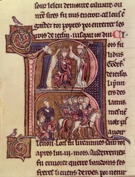 MS Fr 9081 f.99v Historická iniciála R zobrazující flanderského krále Balduina I. (1171-1205) korunovaného na latinského císaře v roce 1204 a jeho štědrost vůči turecké ženě, která poslala své dítě pryč