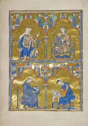 MS M.240 f.8r, Blanche Kastilská a francouzský král Ludvík IX. a níže: Autor diktuje písaři, Bible Saint Louis (Moralizovaná Bible), pravděpodobně Paříž