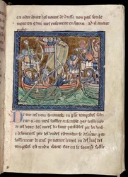 MS Marlay Add 1, fol. 86: Strana textu s iluminací námořní bitvy, z De Re Militari, asi 1270