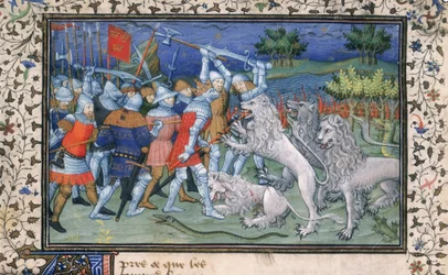 MS Royal 20 B.XX fol.50v Alexandr Veliký (356-323 př.nl) bitvy s bílými lvy, z 
