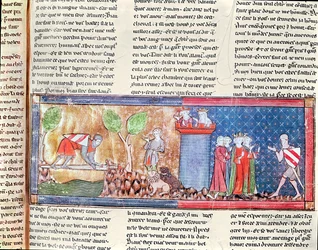 M. 806 f.166 Lancelot dokazuje svou lásku ke Guineveře tím, že překročí řeku přemostěnou ostrým mečem, z Románu o Lancelotovi du Lac, 1344