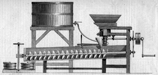 Stroj na výrobu betonové malty. Rytina v „“ Le Monde Illustré““ č. 55 z 1. května 1858.