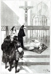 Madame de Sazilles je vymítána v přítomnosti vévody Gastona dOrleans, ilustrace pro posedlého Louduna v Les Mysteres de la Science od Louise Figuiera, 1886