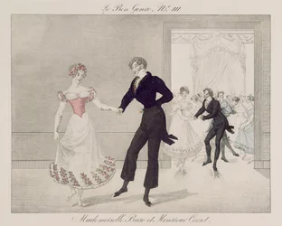 Mademoiselle Busc a Monsieur Corset, deska 111 od le Bon Genre, cca 1810 (barevná rytina)