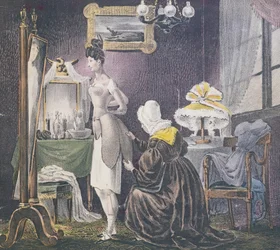 Pokojská pomáhá své paní oblékat se do vycpávek na prsa a zadek, kolem roku 1830