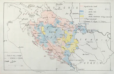 Mapa Bosny s podrobnostmi o oblastech obývaných etnickými menšinami, 1910