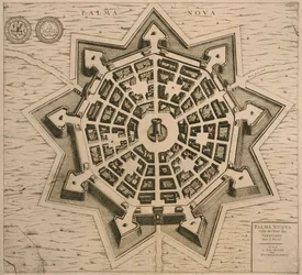 Mapa Palmanovy, z Les Villes de Venetie, 1704, vydal Rutgert Alberts v Haagu