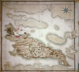 Mapa Rhode Island v době jeho okupace 1780-81 francouzskou armádou na příkaz Jean-Baptiste de Vimeur (1725-1807) hraběte z Rochambeau