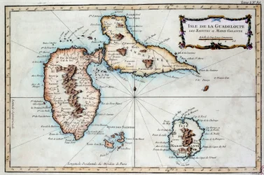 Mapa ostrova Martinik, ostrova Saintes a ostrova Marie Galante v Západní Indii. Rytina z 19. století Chartres, Musee des Beaux Arts