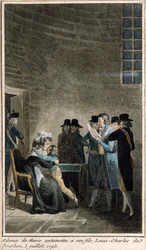 Marie-Antoinetta (1755-1793) se loučí se svým synem dauphinem, Louis-Charles de Bourbon (1785-1795) v chrámu, 3. července 1793, (barevná rytina zhotovená v době restaurování mony