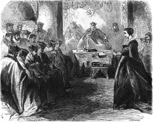 Marie Stuartovna (1542 = 1587) při svém soudu v roce 1587. V „“ Histoire de la France““, rytina z 19. století.