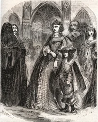Marie de Medicis (1573-1642), francouzská královna a regentka království se svým synem Ludvíkem XIII. jedoucí do Notre-Dame de Paris - v "Histoire de France" od L.-P. Anquetil