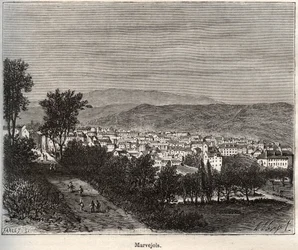 Marvejols - Lozere - Languedoc-Roussillon - rytina v „La France illustrée: geografie, historie, statistická správa“ od V.-A. Sladově hnědá. 1884