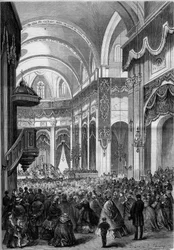 Mše Všech svatých celebrovaná v kostele Saint Nicolas du Chardonnet v Paříži, dekorovaná jako svatý Petr Římský za kanonizaci japonských mučedníků. 1862. Rytina v „“ Le Monde Illustré““ č. 291 z 8. listopadu 1862.
