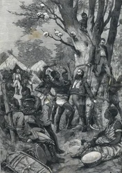 Masakr v Kongu: Evropané zásobování kanibaly. V „Le petit Parisien““ z roku 1898.