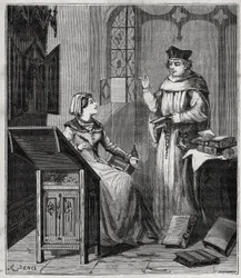 Matthieu Lansbert (Lansberg, Lansbergh, Laensberg nebo Laensbergh) (15.-16. století) a její neteř – Rytina do „“ Vědy dostupné všem – fyzika a chemie““ od Alexise Clerca – Konec 19. století – Soukromá sbírka